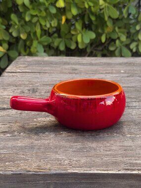 Vintage DE SILVA Italy Red Orange Terracotta Handled Casserole Soup Bowl Handle